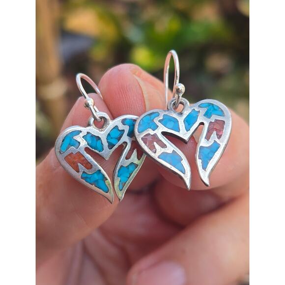 Vintage Sterling Silver Turquoise & Red Coral Inlay Heart Shaped Dangle Earrings - Picture 2 of 6